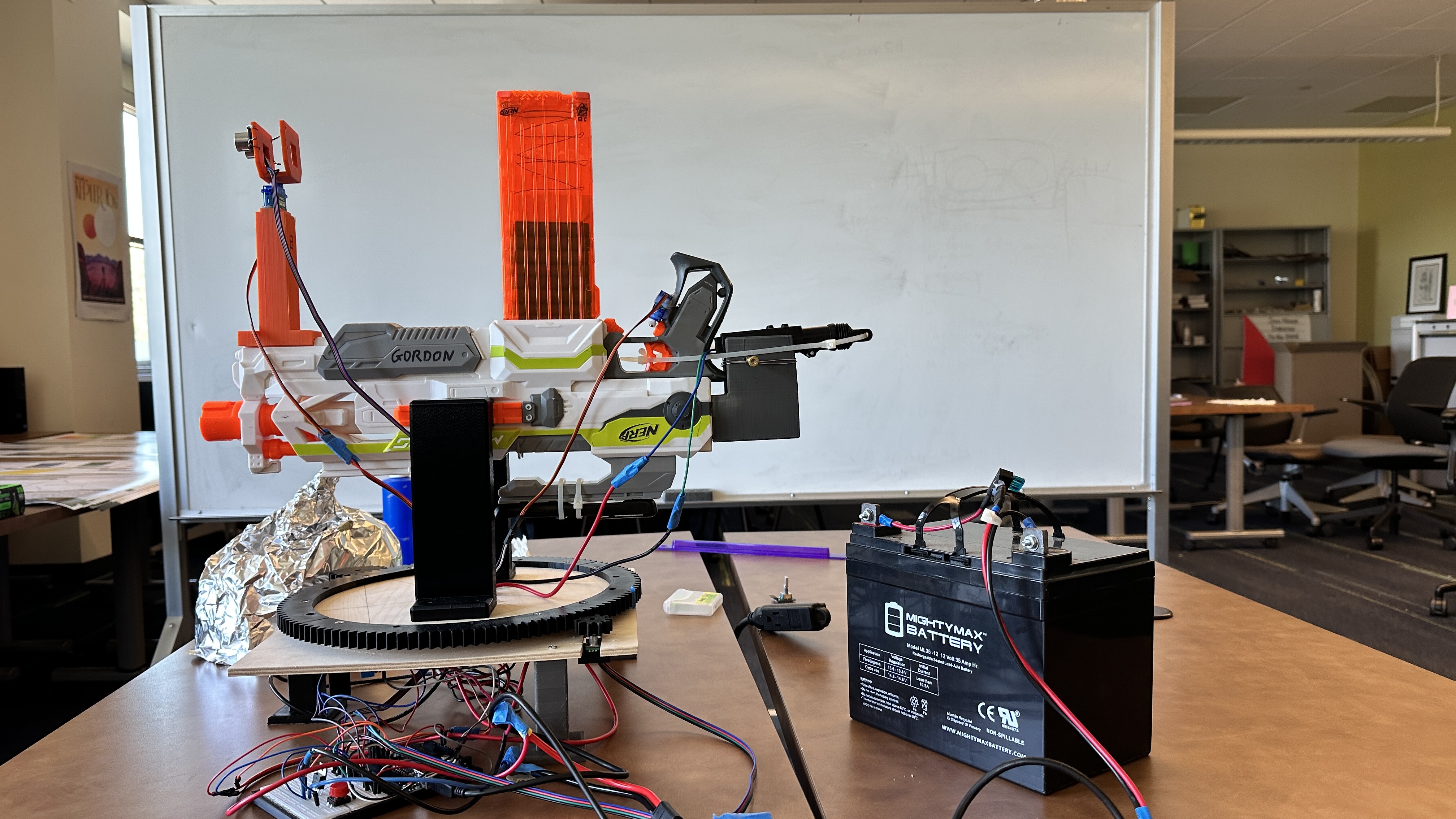 Complete GORDON assembly with rotating platform, wiring, and 12 volt battery