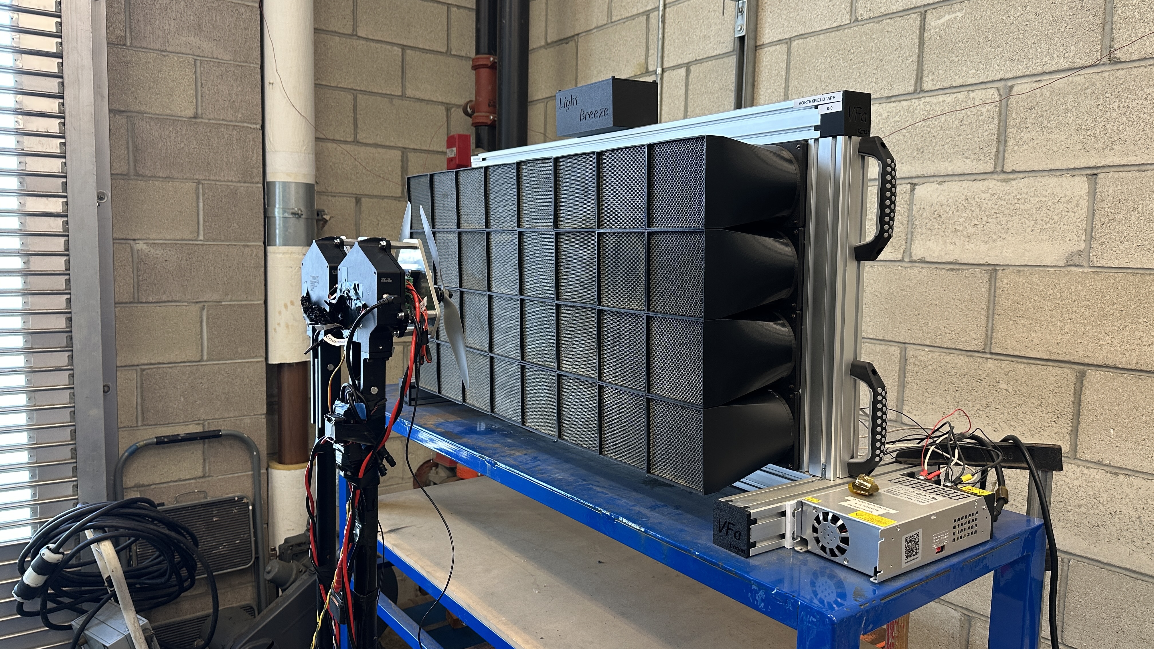 VortexField Apparatus 32-fan array and propeller test setup