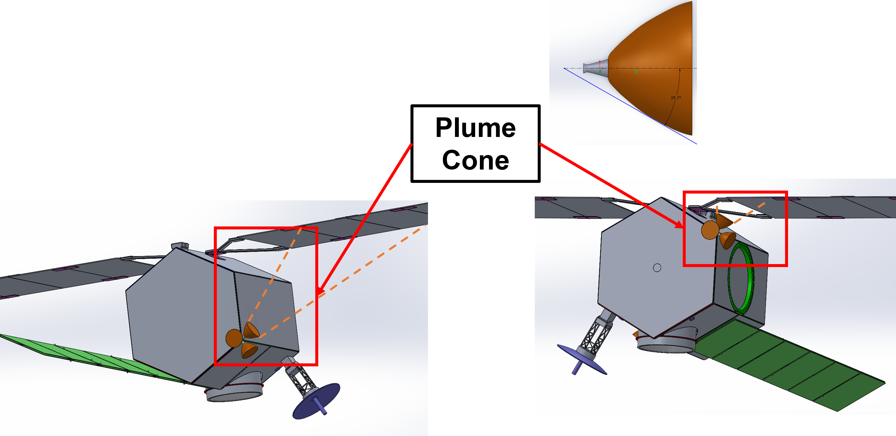 W.H.A.L.E. spacecraft CAD showing cold-gas plume cones and clearance regions